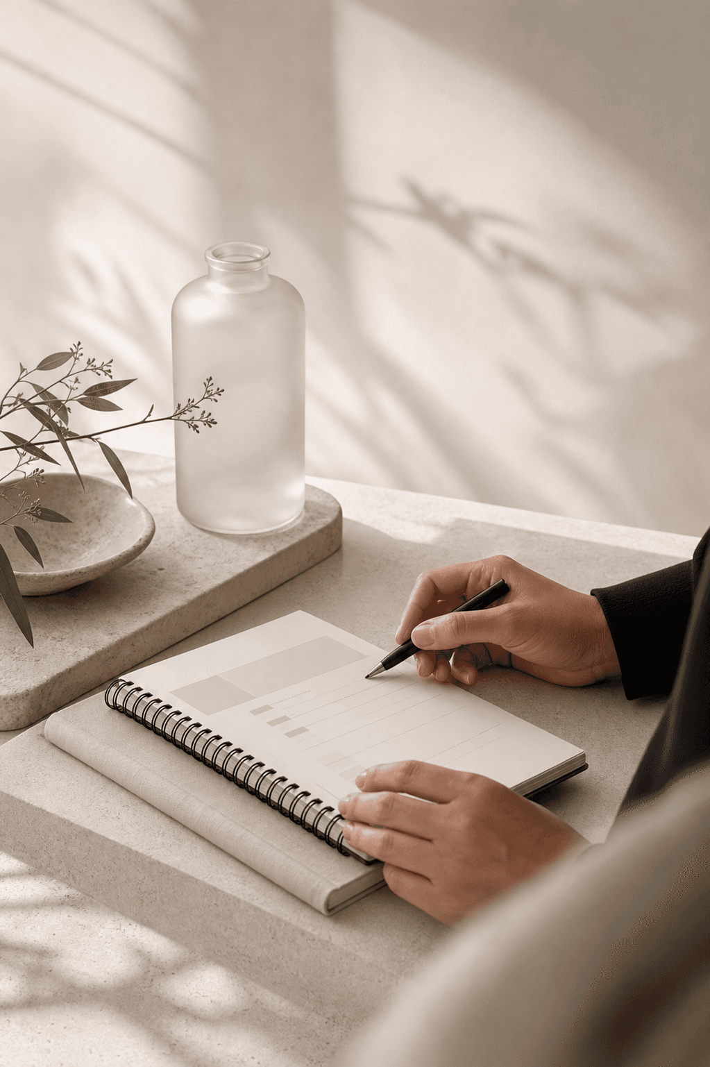Hands reviewing a minimal care plan notebook beside frosted glass.