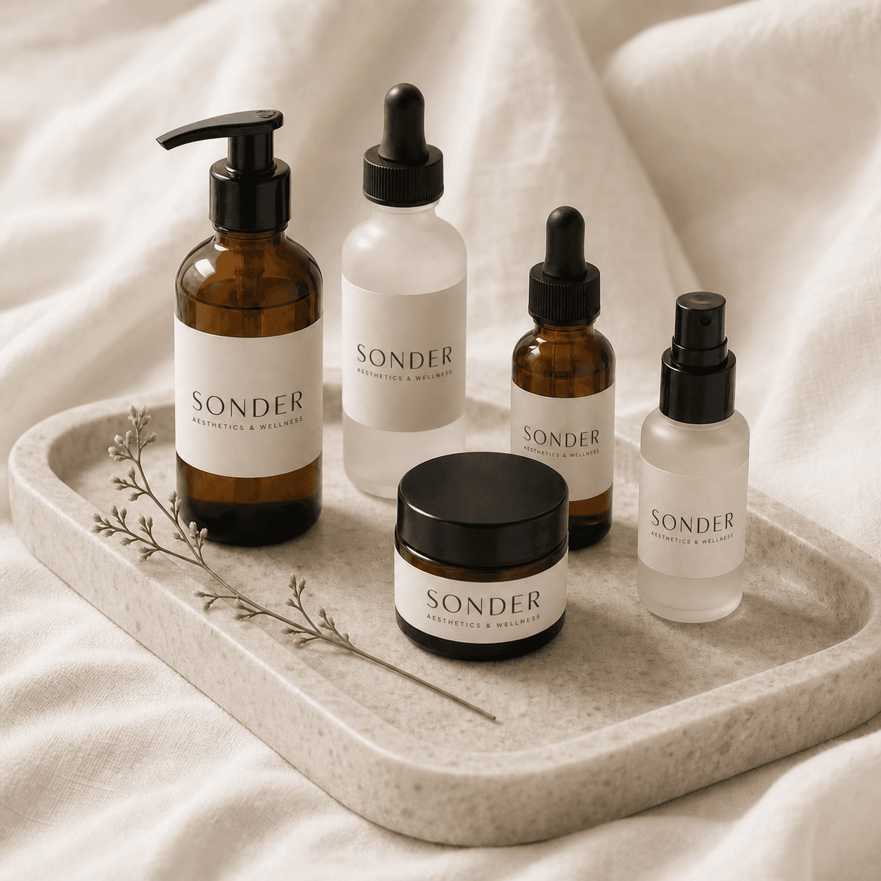 Sonder-labeled amber and frosted skin care bottles arranged on pale stone and ivory linen.