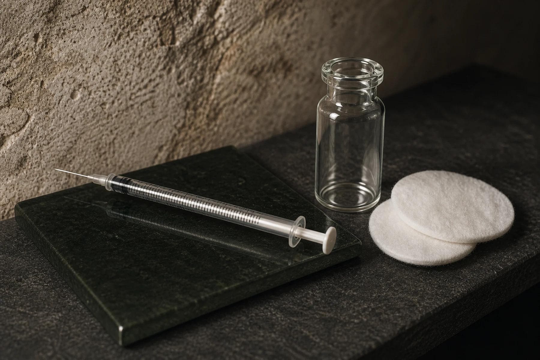 A precision syringe, clear vial, and cotton rounds arranged on dark green glass.