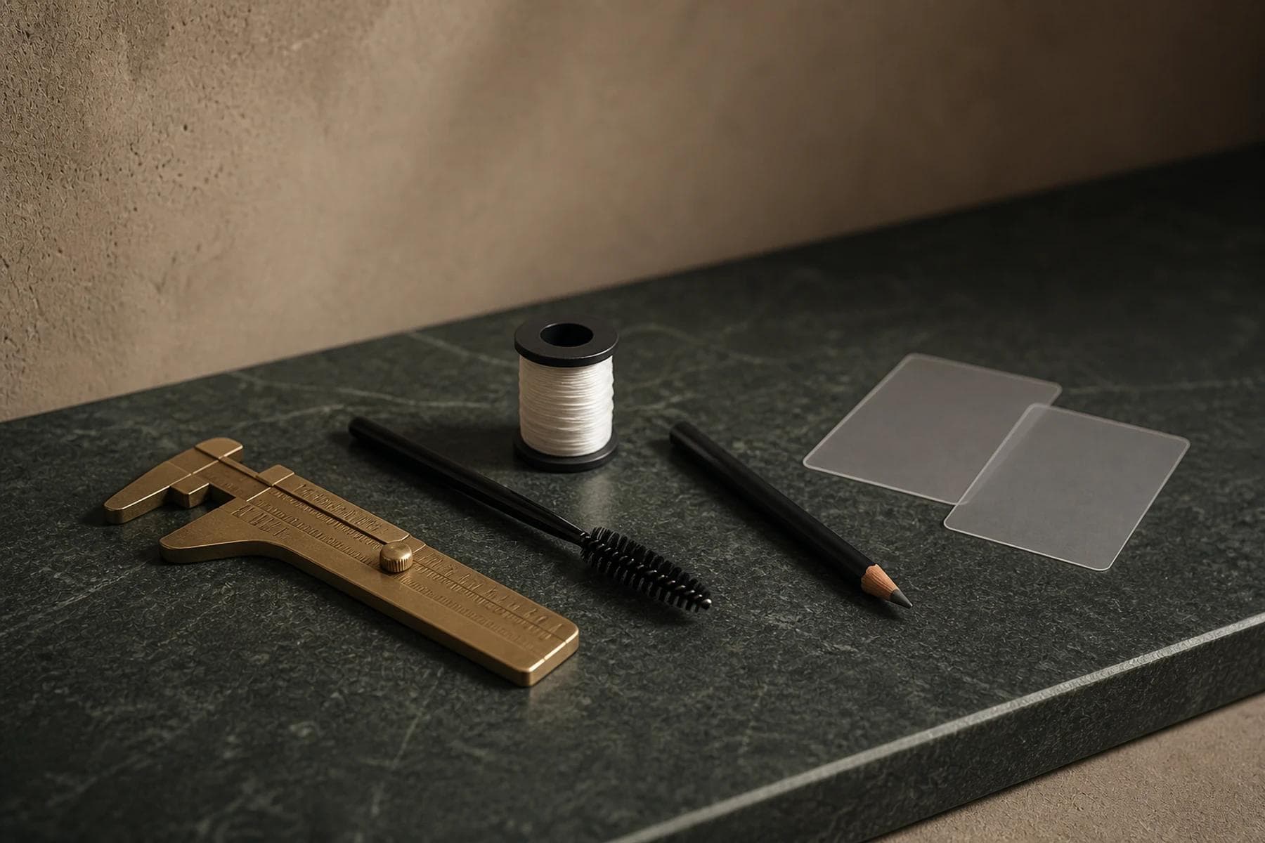 Brow measuring calipers, mapping thread, spoolie, pencil, and blank guide cards on green stone.