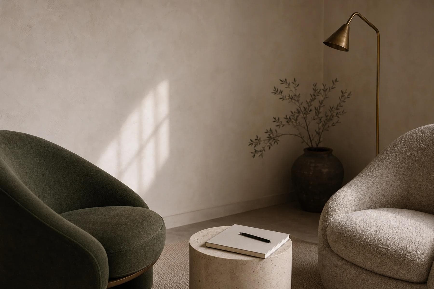 An unoccupied consultation setting with forest-green and ivory seating beside a limestone table.