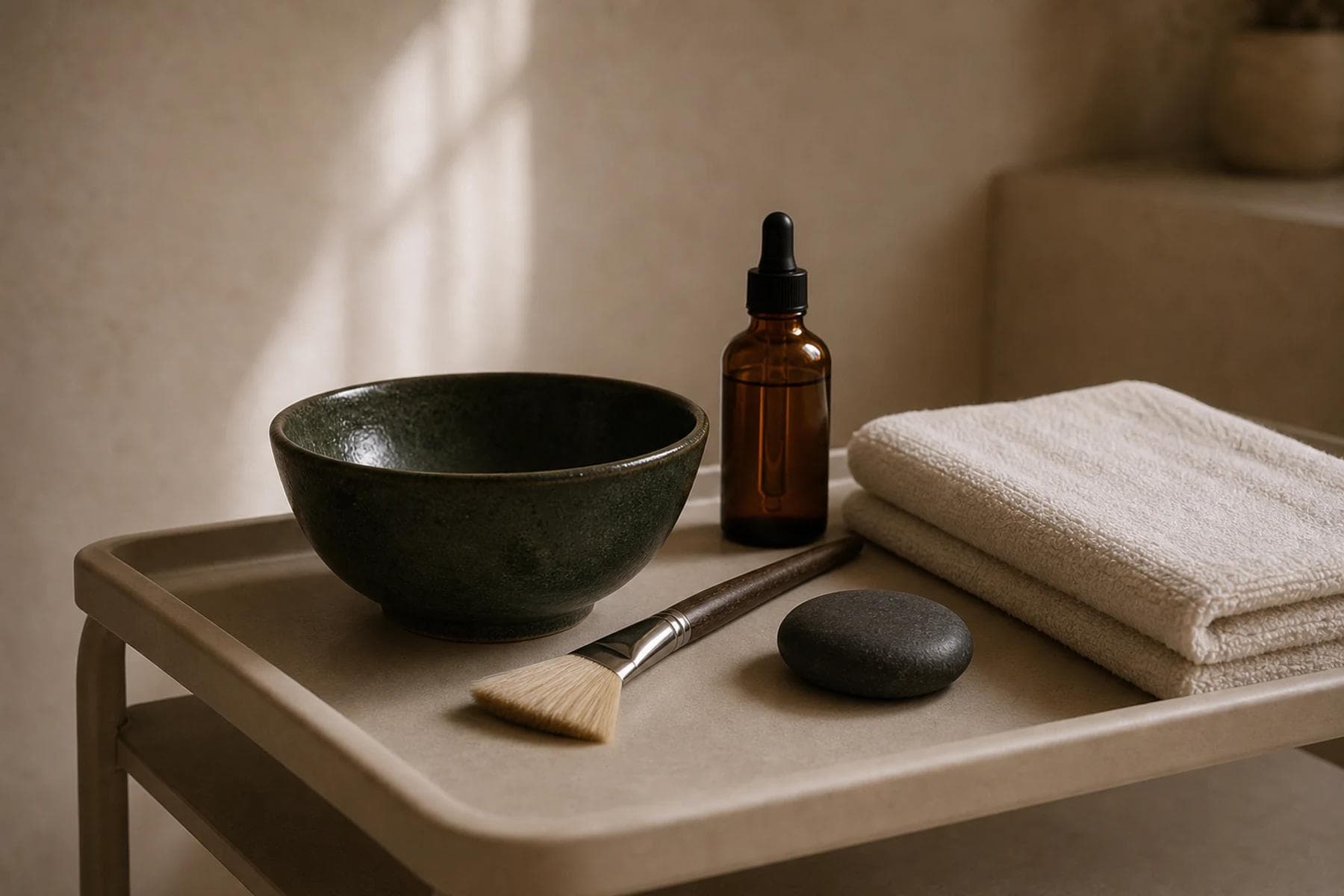 A treatment bowl, fan brush, amber serum, massage stone, and folded ivory towels on a treatment cart.
