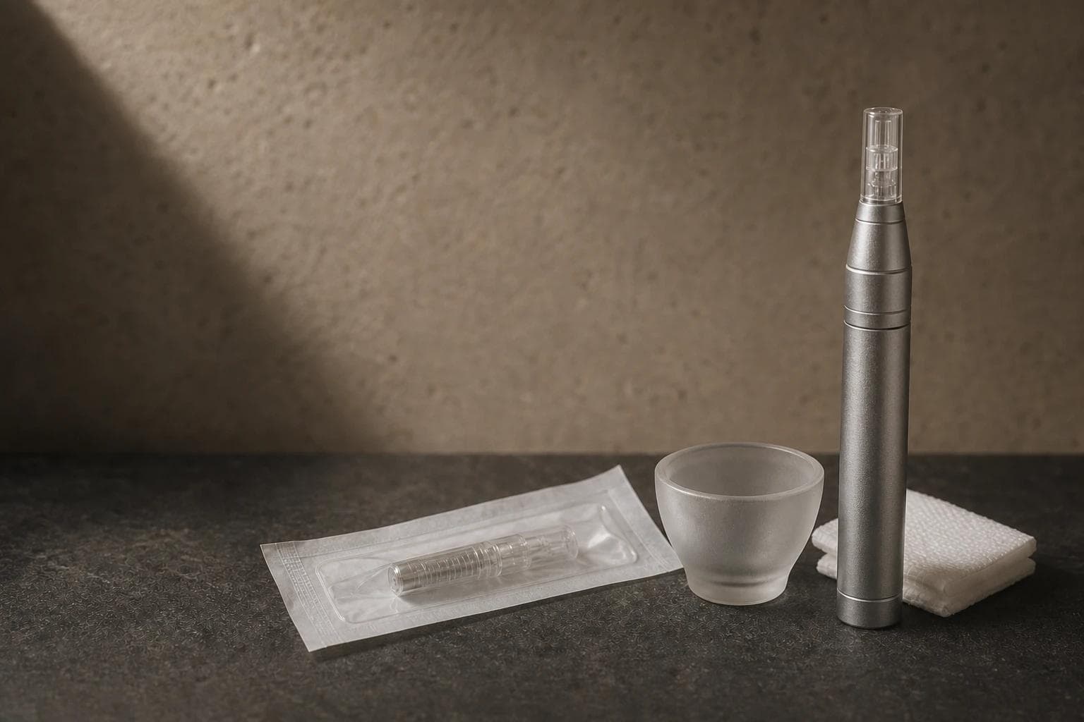 A professional microneedling pen standing upright on charcoal stone beside an empty frosted bowl, sealed cartridge, and gauze.